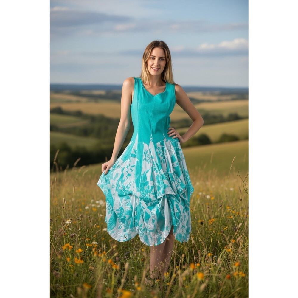 Vasna Size 1X Drop Waist Midi Convertible Adjustable Hem Dress Turquoise Floral